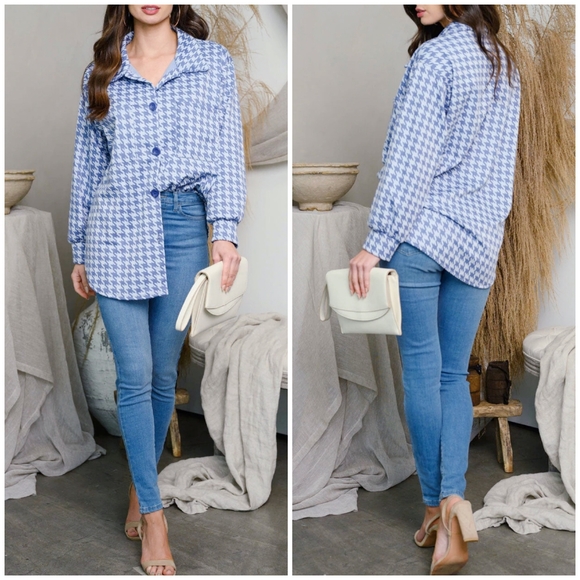 IF SHE LOVES Vintage Retro Chic Blue Houndstooth Oversized Top - Picture 6 of 7